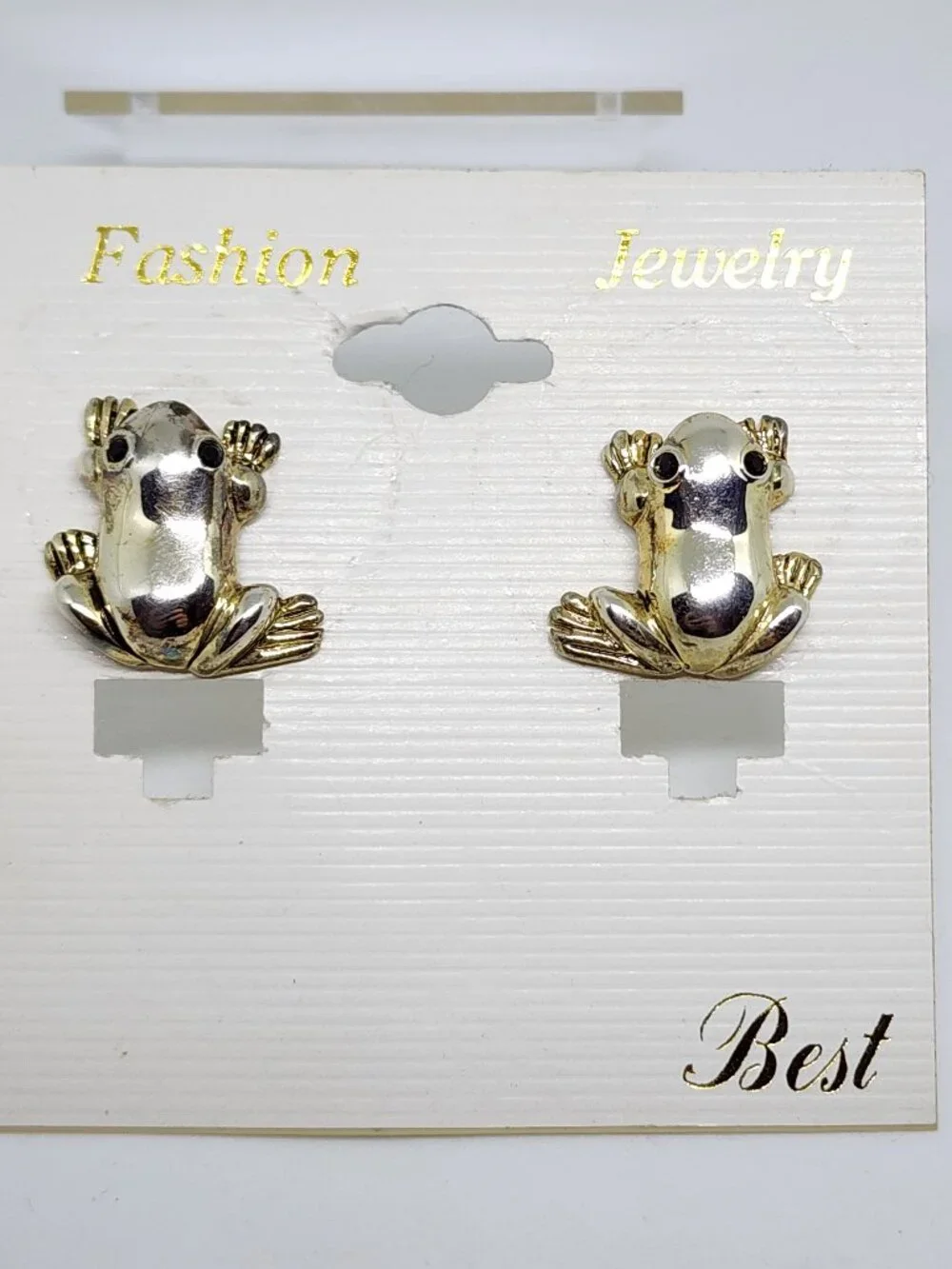 Vintage BEST Silver FROG Toad Black Rhinestone Eyes Pierced Earrings NOC NOS